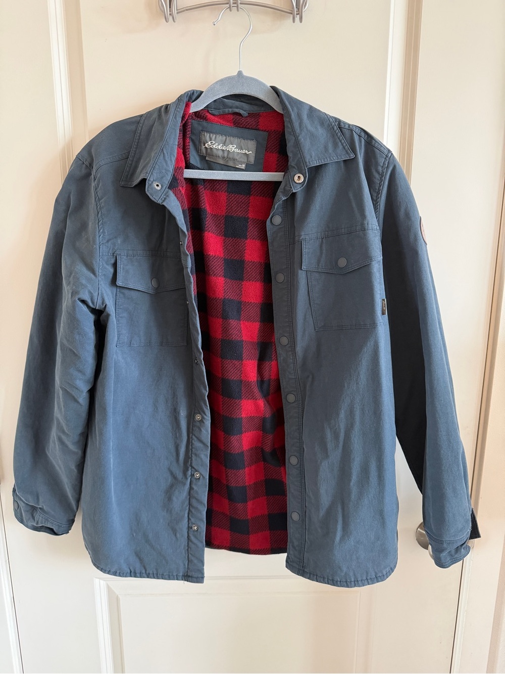 Eddie Bauer Men's Blue Jacket with Red & Black Plaid Lining
